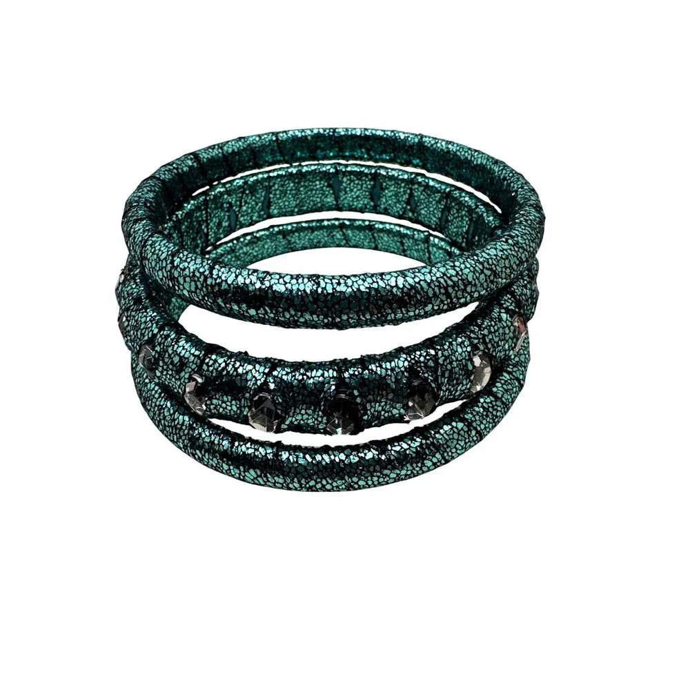 Metallic Teal Black Bangle Bracelet Stacked 3 Piece Shimmer Chic Cosplay Costume - Picture 2 of 5